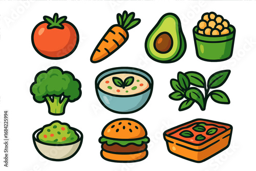 Set of colorful vegan food icons. Plant-based ingredients and dishes in a modern cartoon style. Healthy eating concept with vegetables, avocado, and veggie burger. Vector illustration.