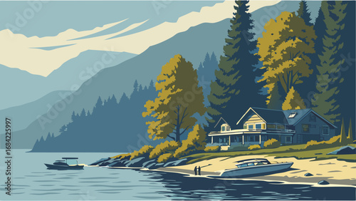 Lakeside House with Boats and Mountain View Tranquil Nature Scene for Vacation Travel and Real Estate Marketing.