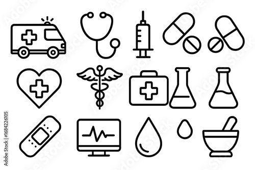 Medicine and Healthcare Outline Icon Set, Ambulance Stethoscope Syringe Pills Bandage Heart Medical Symbols for Banners Infographics Books Articles Design Vector