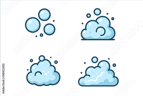 Vector cartoon icon set of soap foam and water bubbles. Blue isolated illustration of suds, lather, and fizz. Concept for cleaning, washing, hygiene, and effervescence.