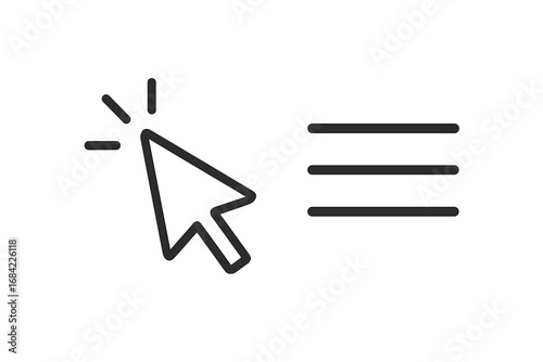 Cursor clicking on hamburger menu icon. Web navigation and user interface concept. Pointer arrow selecting options list. Minimalist pictogram for UI UX design and apps.