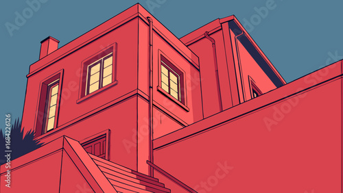 Low-angle view of a red building with stairs and windows architectural illustration design element.