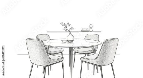 Elegant dining room illustration showcases a modern minimalist aesthetic