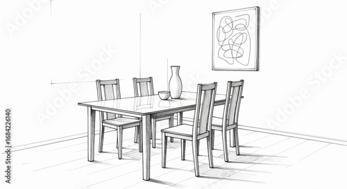Elegant dining room illustration with modern art and minimalist decor