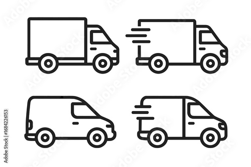 Delivery truck and van vector line icon set. Logistics, shipping, and courier service vehicle symbols. Commercial transport outline icons with editable stroke for web and apps.