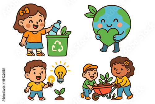 Recycling kids character set. Sustainability concept. Earth day illustration. Children planting tree, sorting plastic waste. Save energy idea. Eco friendly lifestyle vector.