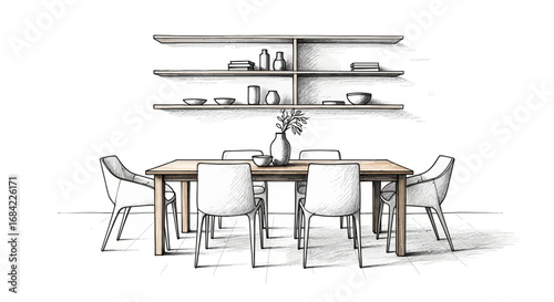 Elegant dining room interior sketch showcasing a minimalist design approach