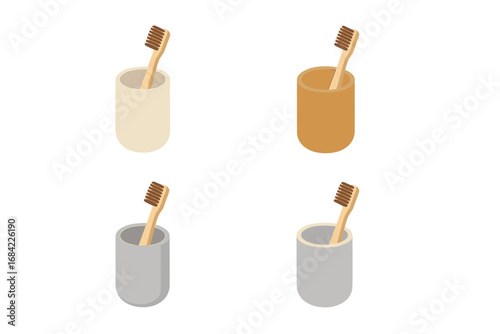 Toothbrush holder isometric icon set. Bamboo toothbrush in ceramic and wooden cup. Bathroom accessories for dental care. Eco friendly, zero waste lifestyle concept vector.