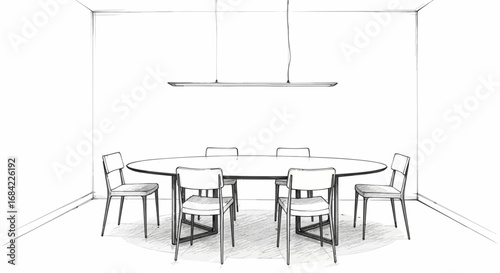 Elegant dining room sketch featuring oval table and modern lighting fixture