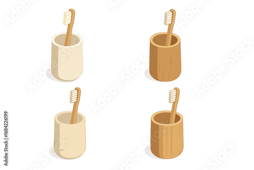 Toothbrush holder isometric icon set. Bamboo toothbrush in ceramic and wooden cups. Eco friendly, zero waste dental care concept. Bathroom accessories vector illustration.