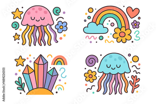 Cute kawaii sticker set with cartoon jellyfish, rainbow, and magic crystals. Whimsical vector illustration collection for kids. Colorful fantasy sea life and doodle elements.