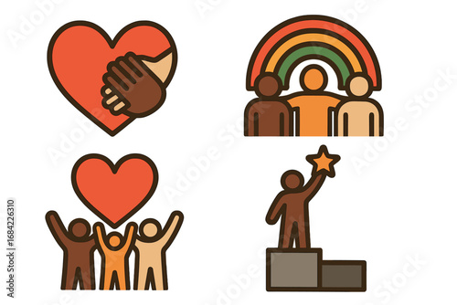 Icon set for diversity, inclusion, equality. Love, community, support, teamwork concept. Different race people together. Pride rainbow. Achievement, success, leadership symbol.