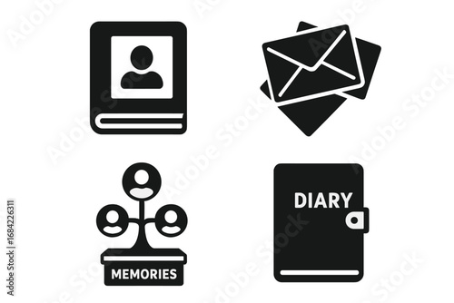 Memories and legacy solid icon set. Vector glyphs of photo album, old letters, family tree, and diary. Nostalgia, personal history, genealogy, and remembrance concept.