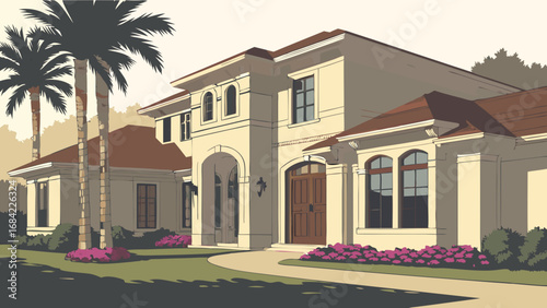 Luxury Home Exterior Architectural Design Residential Building Suburban House Palm Trees Landscaping Real Estate Illustration Home Design Concept Property Image House Facade Elegant Home Modern Archi.