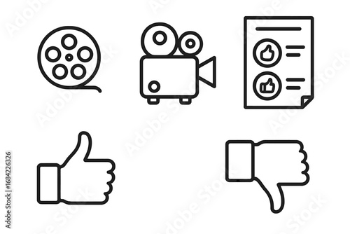 Test Screening Icons Outline Set with Film Reel, Movie Projector, Feedback Form, Thumbs Up and Thumbs Down Symbols, Vector Illustration Transparent Background