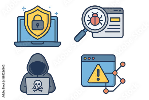 Cybersecurity icon set with hacker, virus scan, and data protection concepts. Digital security, vulnerability, malware bug, network firewall, and cyber attack vector icons.