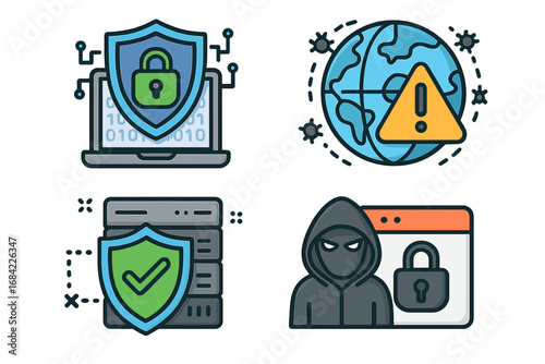 Cybersecurity icon set. Hacker, data protection, and virus attack concepts. Network security, phishing, and server safety illustration. Digital privacy and technology guard.