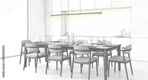 Elegant dining room sketch with modern table setting and chairs arrangement