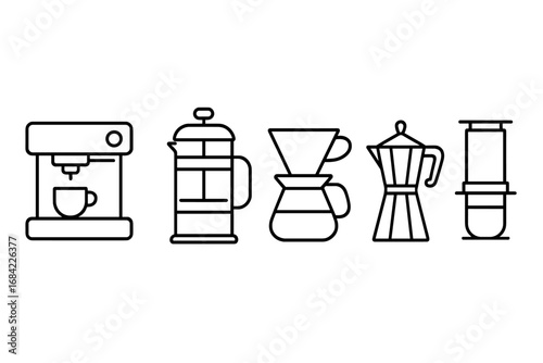 Coffee brewing methods outline icon set. Vector line art illustration of different ways to make coffee. Includes espresso machine, french press, v60 pour over, moka pot, aeropress.