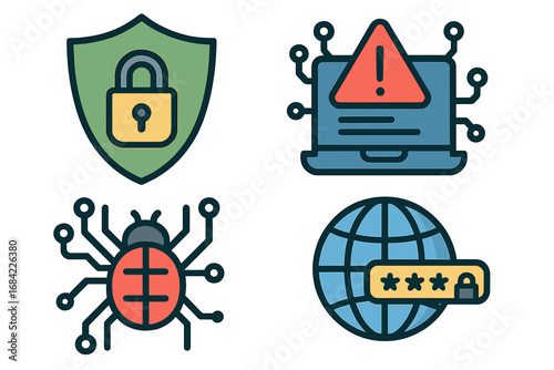 Cybersecurity icons set. Data protection and internet security concepts. Computer virus, malware, bug, and hacker attack alert. Shield, lock, password, laptop warning symbols. Vector.
