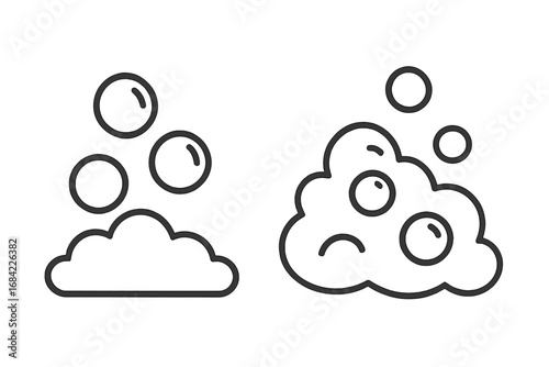 Bubble and foam outline icon set. Simple clean vector of soap suds, lather, and fizz. Symbol for washing, hygiene, shampoo, detergent, or carbonated drinks. Linear art.
