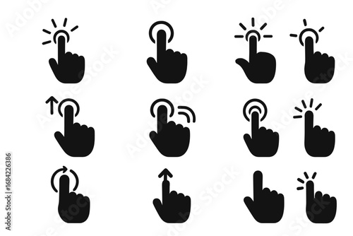 Hand gesture icon set for touch screen. User interface, click and swipe actions. Finger tap, press, scroll and rotate symbols. Digital interaction solid black silhouettes.