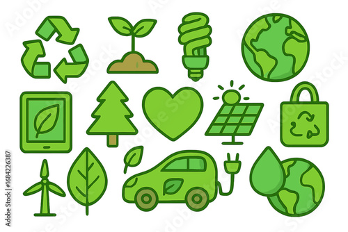 Eco-friendly icon set. Green symbols of sustainability, renewable energy, and recycling. Vector cartoon illustration of environmental awareness, conservation and ecology concepts.
