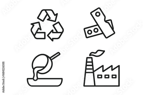 Recycled Materials Icon Set, Outline Symbols of Recycling, Metal Scraps, Molten Metal Pouring, Factory Emissions, Sustainable Industry, Eco-Friendly Vector Illustrations