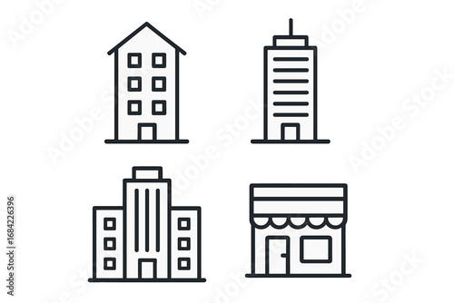 Building icon set. Minimalist line art of urban architecture elements. Real estate symbols for house, skyscraper, office, and shop. Modern vector illustration for city concepts.