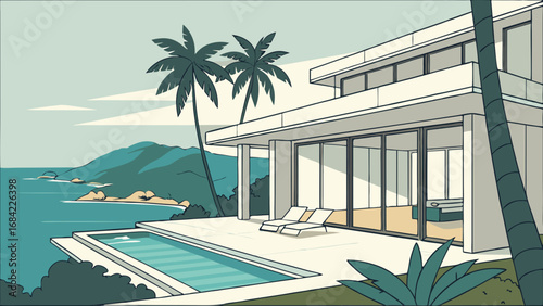Luxury Oceanfront Villa with Infinity Pool and Tropical Plants.