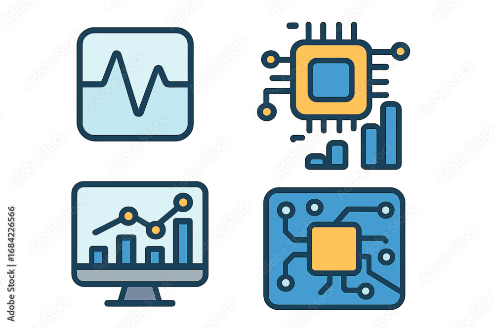 Data analysis and technology vector icon set. Digital signal processing, CPU performance, business analytics dashboard, and electronic circuit board for modern UI design. Data analysis and technology vector icon set. Digital signal processing, CPU performance, business analytics dashboard, and electronic circuit board for modern UI design.