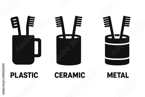 Toothbrush holder icon set. Solid glyph icons showing different materials. Plastic, ceramic, and metal cups. Vector illustration for bathroom accessories and dental hygiene.