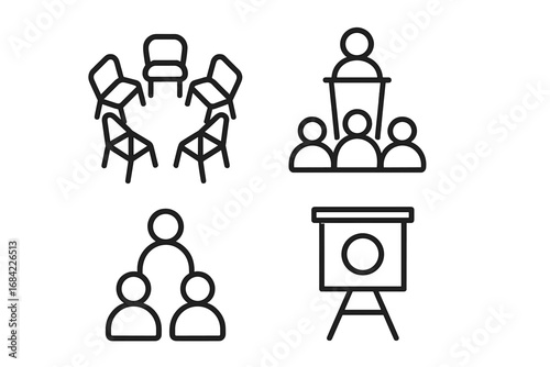 Therapy icons grid set with group therapy symbols, circle of chairs, facilitator podium, group figures, flipchart easel, mental health support, counseling vector illustration