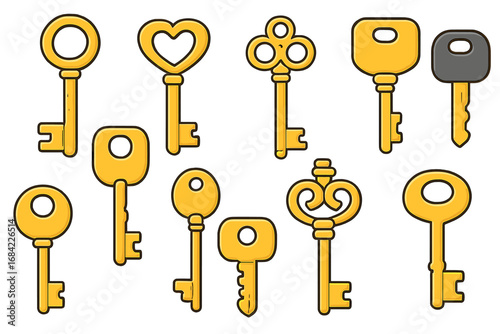 Vector cartoon set of golden keys. Collection of different key designs, from vintage antique skeleton keys to modern shapes. Concept of access, security, and unlocking secrets.