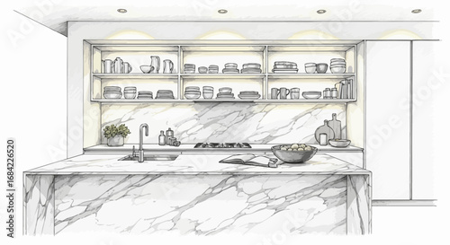 Elegant kitchen with marble island and open shelving watercolor rendering
