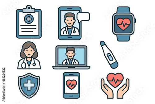 Healthcare technology and telemedicine icon set. Online doctor consultation, virtual patient care and digital medicine concept. E-health app, medical smart watch and health insurance.
