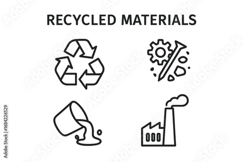 Recycled Materials Icon Set, Outline Vector Illustration of Recycled Ring, Metal Scraps, Melted Metal Pouring, and Factory Emission Symbols for Environmental and Industrial Concepts