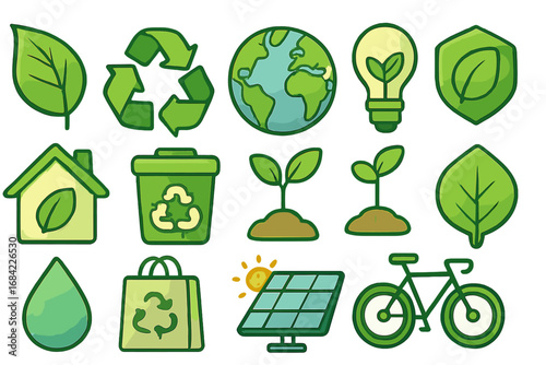 Green ecology icon set. Sustainability, environmental awareness, eco friendly concept. Recycle symbol, Earth, renewable energy, conservation, green living vector icons.