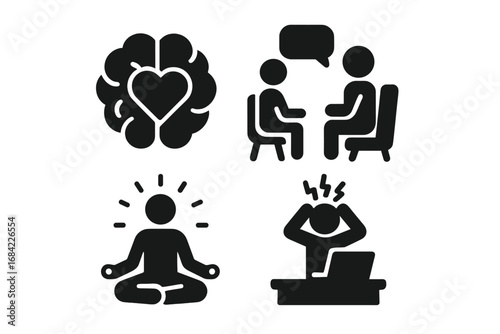 Mental health glyph icons set. Psychology, therapy session, stress, burnout, meditation, emotional intelligence. Solid vector symbols for mental wellbeing and counseling concept.