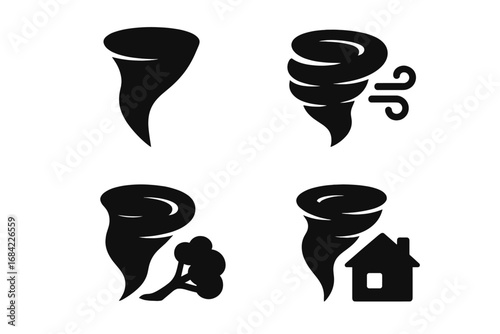 Tornado icon set. Solid glyph collection of weather disaster symbols. Cyclone, storm, funnel cloud, high winds, damaged house, and uprooted tree. Vector illustration.