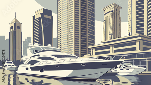Luxury Yacht Docked in City Marina Modern Urban Waterfront Scene.