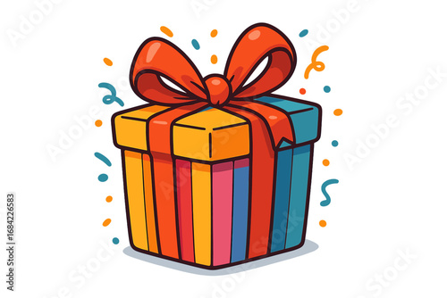 Colorful gift box with a red ribbon for a joyful celebration. Vector cartoon of a present for a birthday, holiday, or party. Surprise concept icon with festive confetti.