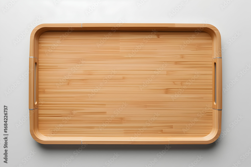 Fototapeta premium Overhead studio shot of a light brown wooden tray with handles in a minimalist style setting