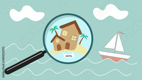 Magnifying glass focusing on a tropical motel near the ocean with a sailboat in the background.