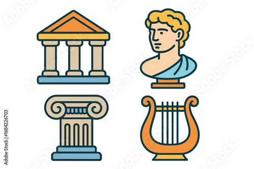 Ancient Greece and Rome icon set. Vector cartoon illustration of classical culture symbols. Greek temple, philosopher bust, ionic column and lyre. History and art.