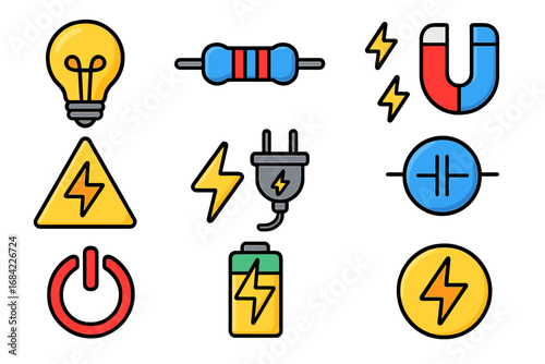 Set of electricity icons. Power, energy, electronic components symbols. Lightbulb, resistor, magnet, capacitor, battery, plug, voltage sign. Vector cartoon illustration.