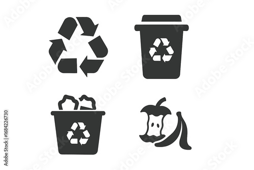 Solid filled recycling icons grid with compost bin, paper waste, food scraps, and recycle symbols, eco-friendly waste management, sustainable environment vector illustration