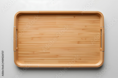 Overhead studio shot of a light brown wooden tray with handles in a minimalist style setting