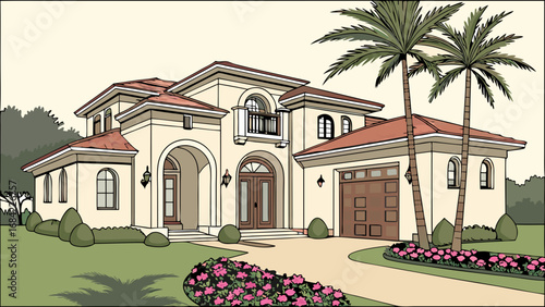 Mediterranean Style House Architectural Illustration Home Design Luxury Real Estate Villa Drawing Residential Building Palm Trees Landscaping Exterior Design Home Exterior House Plan Architectural Dr.