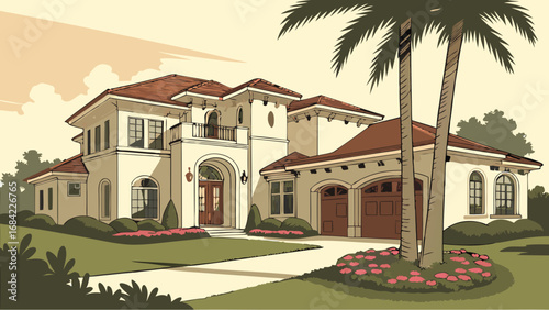 Mediterranean Style House Exterior Home Design Illustration Residential Architecture Drawing Two-Story House Palm Trees Landscaping Suburban Home Real Estate Property House Plan Home Exterior Design .